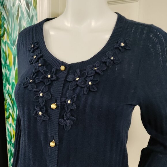 Juicy Couture Navy Blue Floral Embroidery Silk Cashmere Knit Cardigan Size Large - Picture 7 of 15
